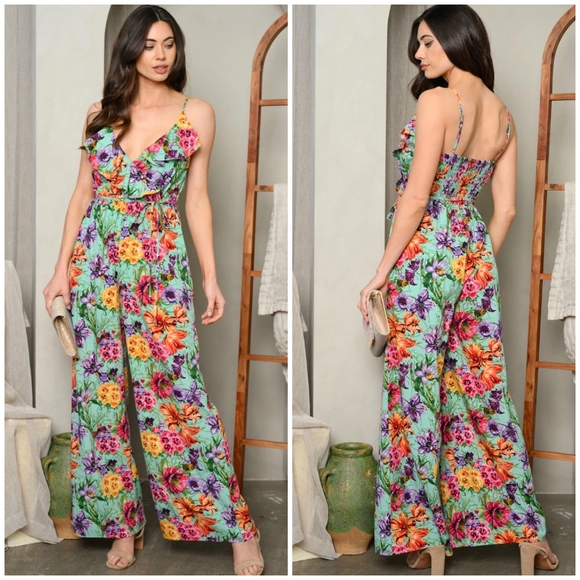 ambition Pants - AMBITION Jade Floral Wide Leg Jumpsuit